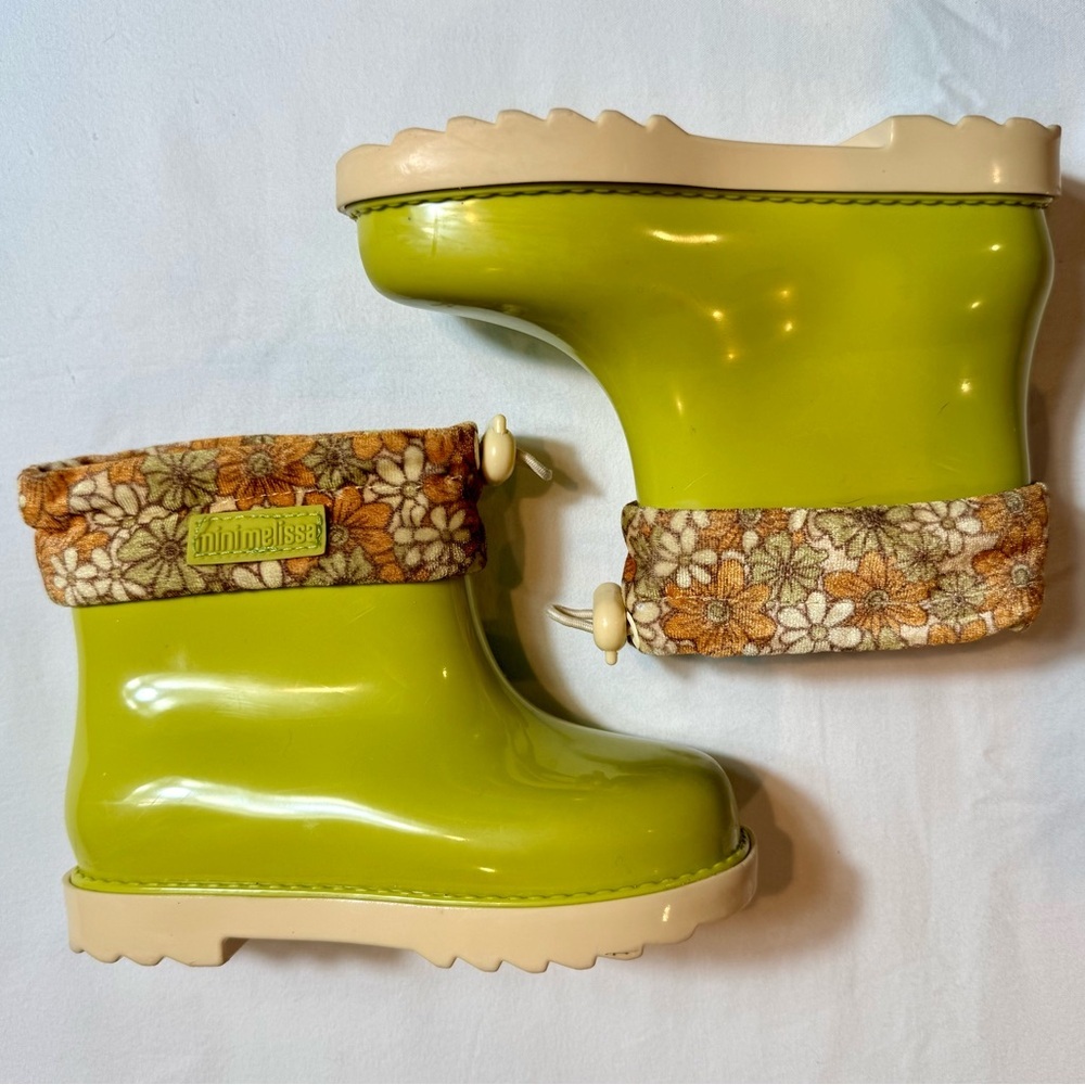 Mini Melissa Rain Boots III BB Girls 10 Yellow Green Floral Cuff Waterproof Lime - Picture 4 of 8